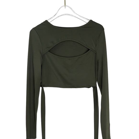 Shein Olive Green Open Cut Out Criss Cross Wrap Tie Long Sleeve Crop Top Small - Picture 1 of 7
